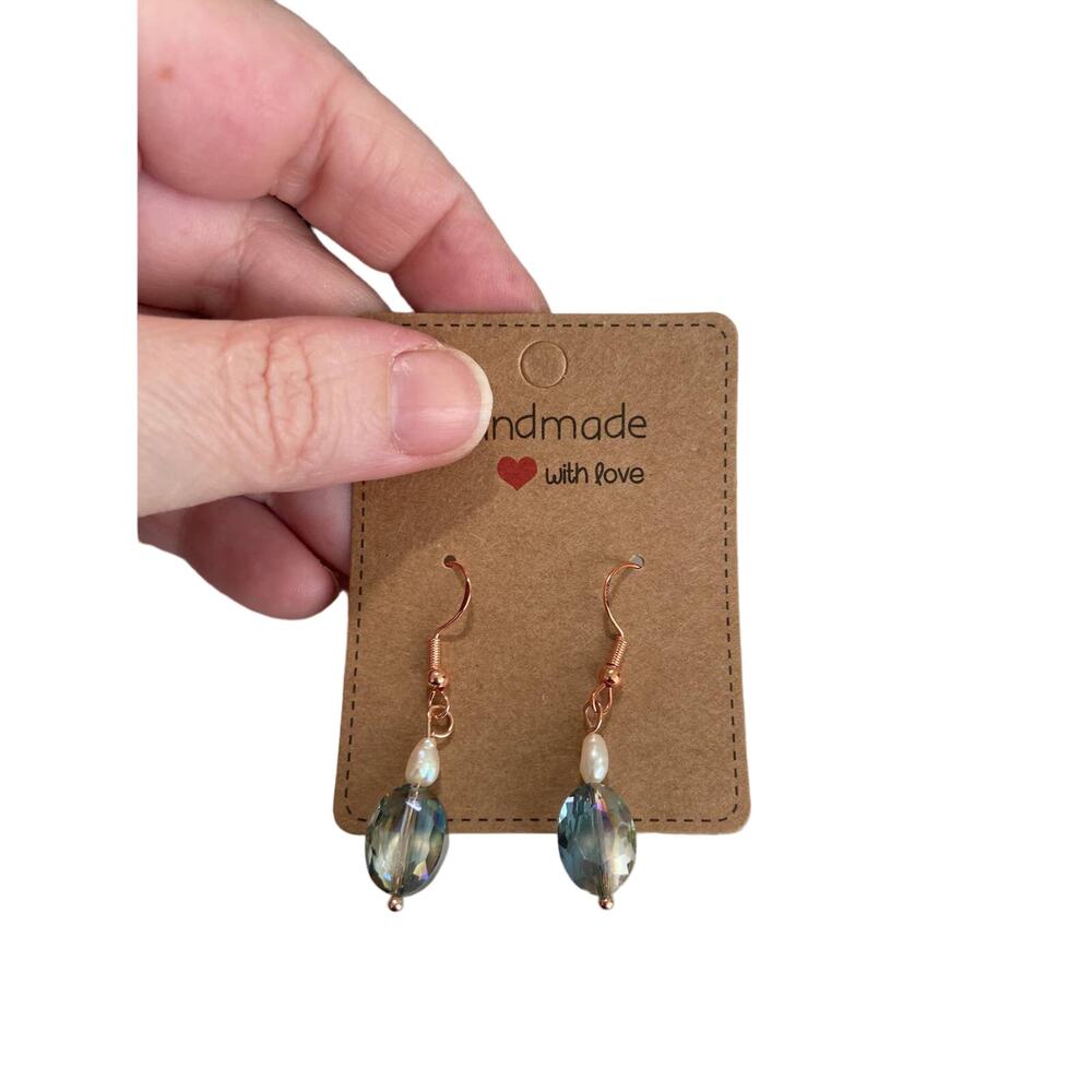 Handmade blue glass earrings with rice pearl